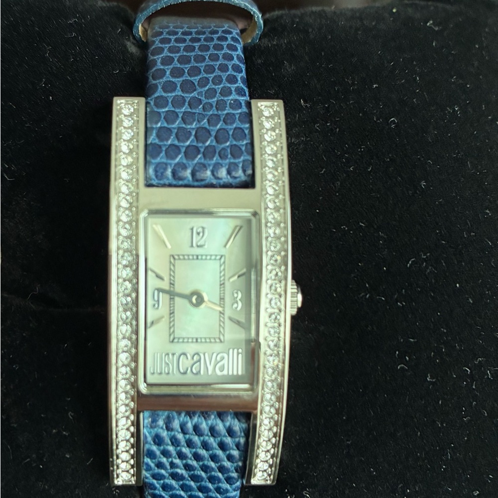 Just Cavalli Vintage Watch Crystal Encrusted Bezel Blue Textured Leather Strap